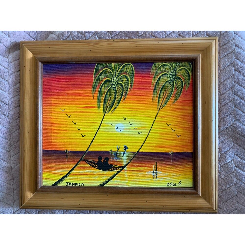 Jamaican Art Painting Signed Dolce F Hand Painted with Wood Frame 11x13 inches